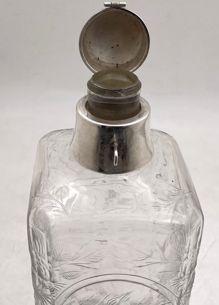 Hawkes Sterling Silver & Etched Glass Bar Decanter in Art Deco Style