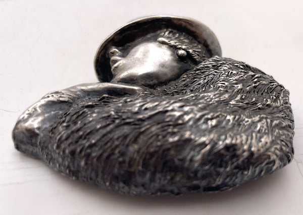 Sculptural Signed Sterling Silver Brooch Pin with Lady in Art Nouveau Style