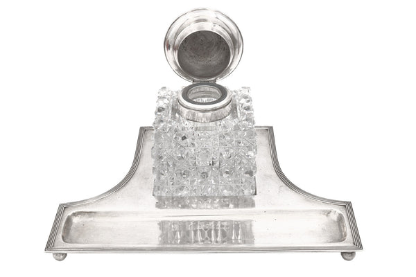 European Silver and Crystal Glass Inkwell on Stand in Art Deco Style