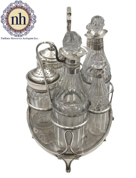 Hennell English 1805 Sterling Silver Georgian Cruet Condiment Set with Shaker, Stand, and Bottles