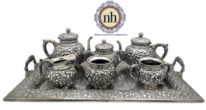 Wood & Hughes Sterling Silver 6-Piece Repousse 19th Century Tea Set with Tray