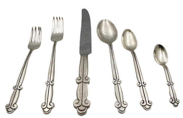 Mexican Sterling Silver Flatware Set for 6 (36 Pieces) in Mid-Century Modern Style