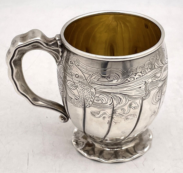 Gorham 1880 Sterling Silver Etched Child's Christening Mug with Aquatic Motifs