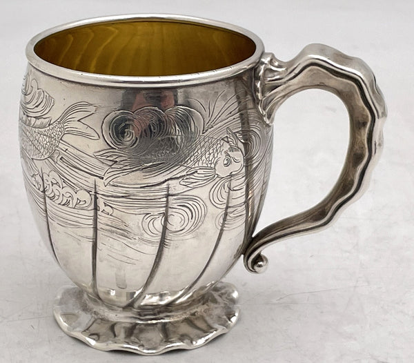 Gorham 1880 Sterling Silver Etched Child's Christening Mug with Aquatic Motifs