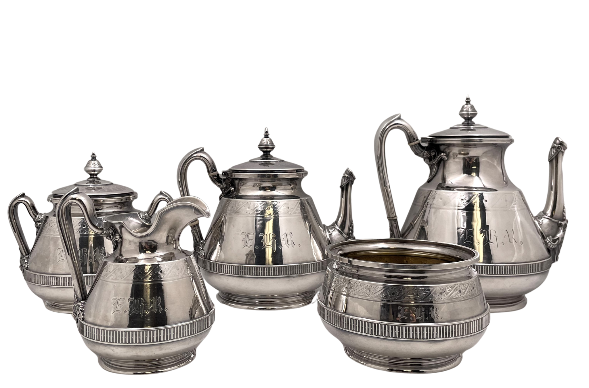 Tiffany & Co. 1875 Sterling Silver 5-Piece Tea & Coffee Set in Aesthetic Movement and in Italian Pattern