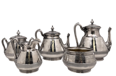 Tiffany & Co. 1875 Sterling Silver 5-Piece Tea & Coffee Set in Aesthetic Movement and in Italian Pattern