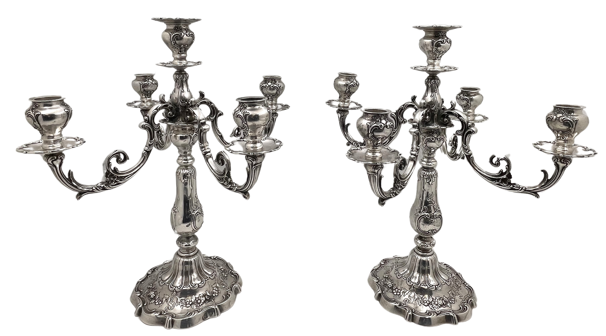 Pair of Gorham Sterling Silver 1900 5-Light Candelabra in Chantilly Grande Pattern and in Art Nouveau Style