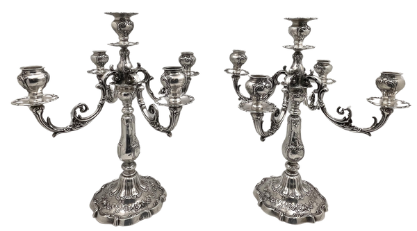 Pair of Gorham Sterling Silver 1900 5-Light Candelabra in Chantilly Grande Pattern and in Art Nouveau Style