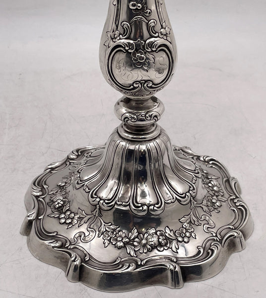 Pair of Gorham Sterling Silver 1900 5-Light Candelabra in Chantilly Grande Pattern and in Art Nouveau Style