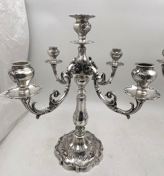 Pair of Gorham Sterling Silver 1900 5-Light Candelabra in Chantilly Grande Pattern and in Art Nouveau Style