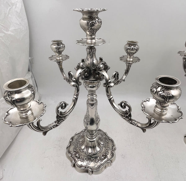 Pair of Gorham Sterling Silver 1900 5-Light Candelabra in Chantilly Grande Pattern and in Art Nouveau Style