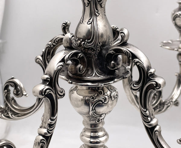 Pair of Gorham Sterling Silver 1900 5-Light Candelabra in Chantilly Grande Pattern and in Art Nouveau Style