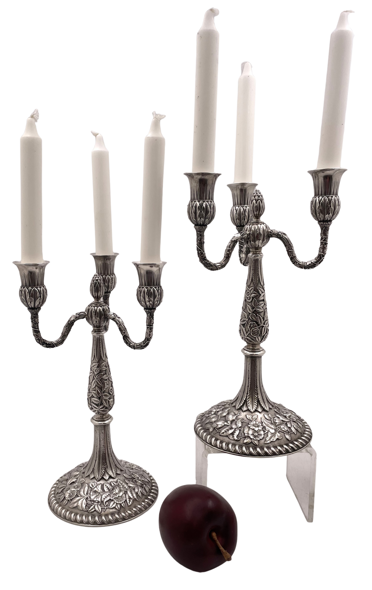 Pair of J. E. Caldwell Sterling Silver 3-Light Repousse Candelabra from Late 19th Century