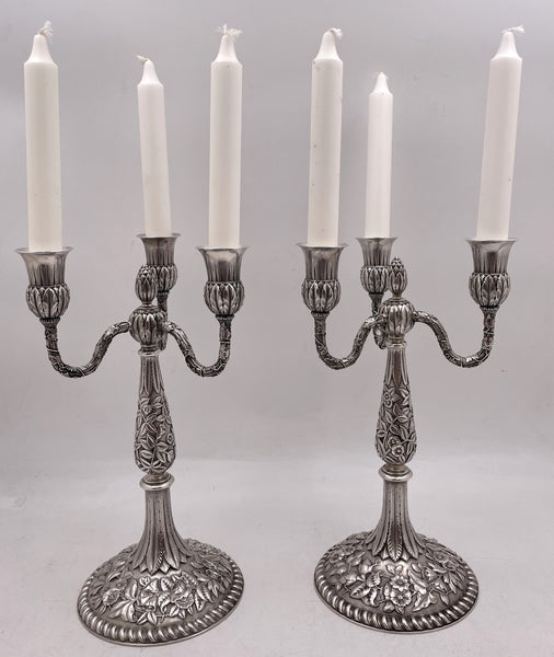 Pair of J. E. Caldwell Sterling Silver 3-Light Repousse Candelabra from Late 19th Century