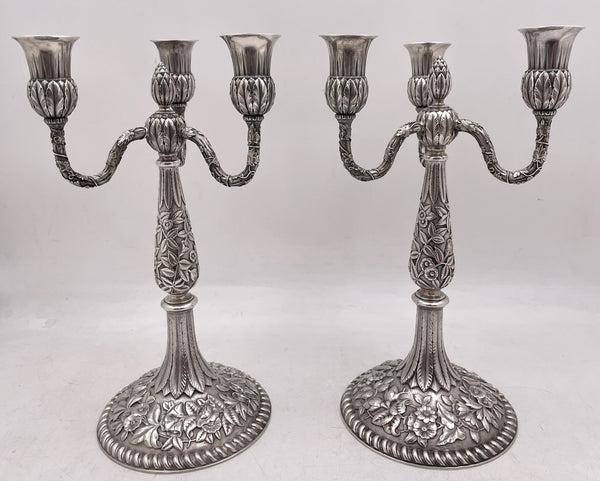 Pair of J. E. Caldwell Sterling Silver 3-Light Repousse Candelabra from Late 19th Century