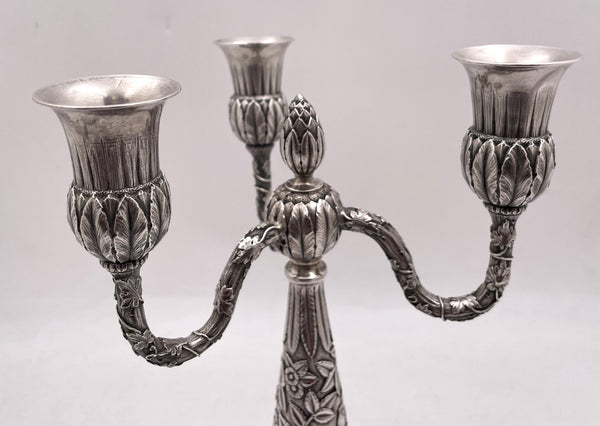 Pair of J. E. Caldwell Sterling Silver 3-Light Repousse Candelabra from Late 19th Century