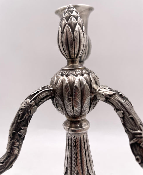 Pair of J. E. Caldwell Sterling Silver 3-Light Repousse Candelabra from Late 19th Century