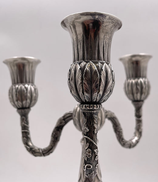 Pair of J. E. Caldwell Sterling Silver 3-Light Repousse Candelabra from Late 19th Century