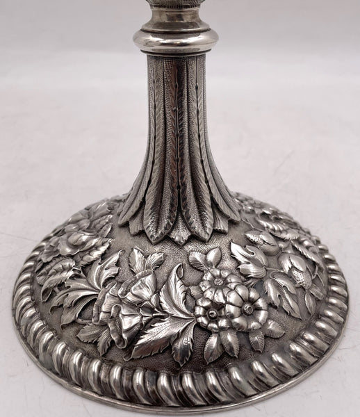 Pair of J. E. Caldwell Sterling Silver 3-Light Repousse Candelabra from Late 19th Century