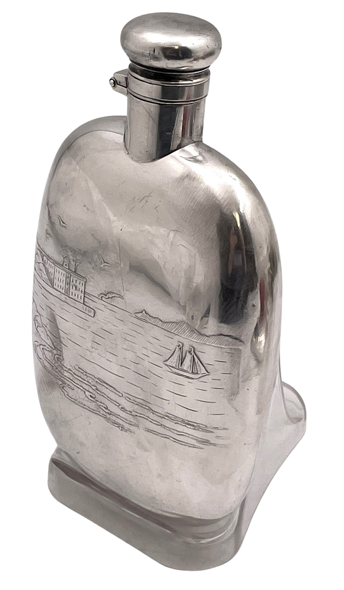 Shreve & Co. Sterling Silver Acid-Etched Flask with Marine Scene from Early 20th Century