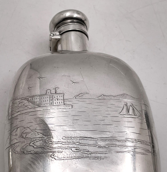 Shreve & Co. Sterling Silver Acid-Etched Flask with Marine Scene from Early 20th Century