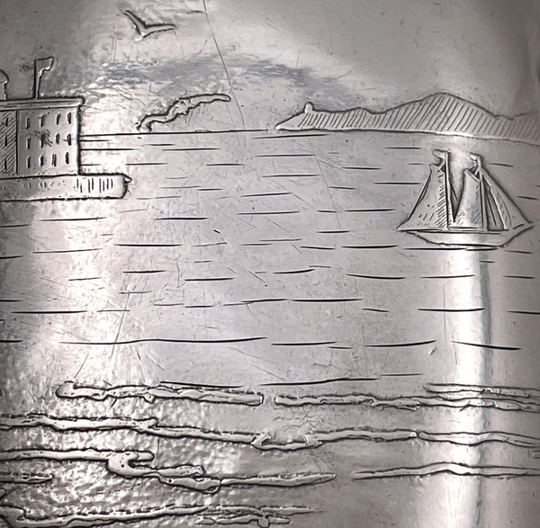 Shreve & Co. Sterling Silver Acid-Etched Flask with Marine Scene from Early 20th Century