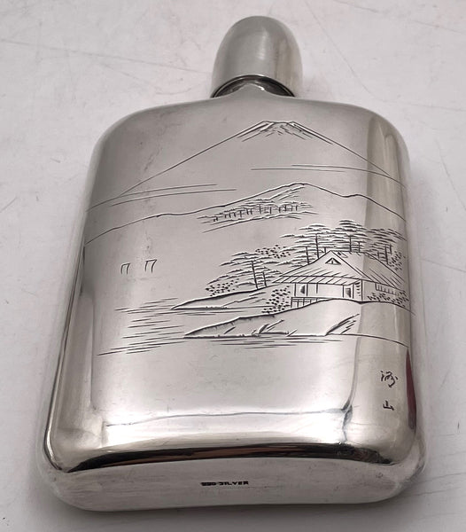 Japanese Sterling Silver Flask with Engraved Japanese Landscape  with Shot Glass