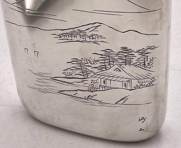 Japanese Sterling Silver Flask with Engraved Japanese Landscape  with Shot Glass