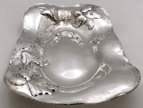 Barbour Hammered Sterling Silver Dish / Plate in Art Nouveau Style with Raised Flowers