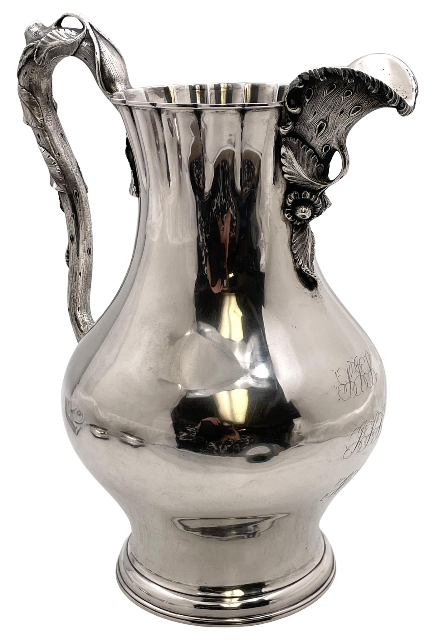 Eoff & Shepard for Ball, Black Coin Silver Pitcher from 1850s with Natural Motifs