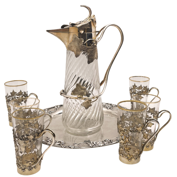 German Sterling Silver Claret Pitcher & Set of 6 Cups Barware Set on T. Starr Tray