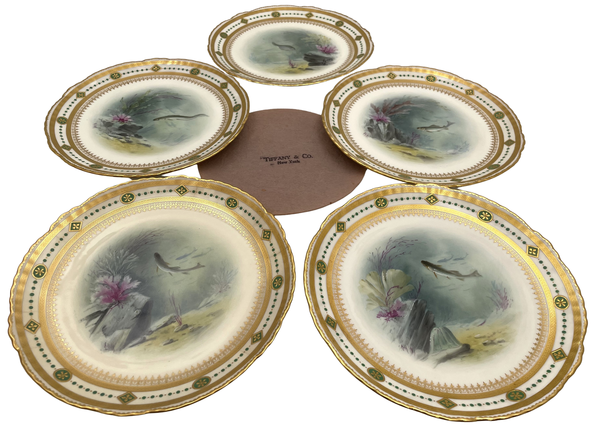 Tiffany & Co. by Mintons Set of 5 Fine China Plates / Dishes with Fish Motifs