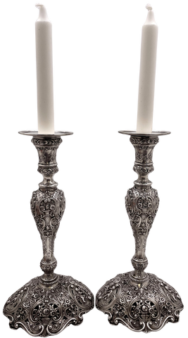 Pair of German Continental Silver Shabbat Candlesticks from 19th Century with Ornate Motifs