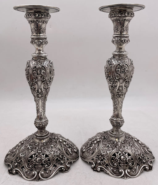 Pair of German Continental Silver Shabbat Candlesticks from 19th Century with Ornate Motifs