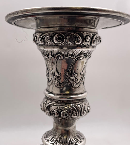 Pair of German Continental Silver Shabbat Candlesticks from 19th Century with Ornate Motifs