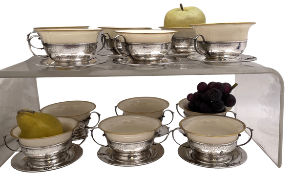 Set of 12 Rogers, Lunt & Bowlen Boston Arts & Crafts Hammered Dessert Cups and Saucers from Early 20th Century