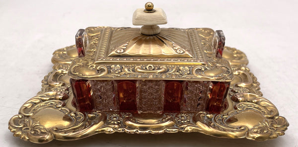 Marks & Cohen English Gilt Sterling Silver & Cut Glass 1900 Caviar Dish on Stand in Art Nouveau Style