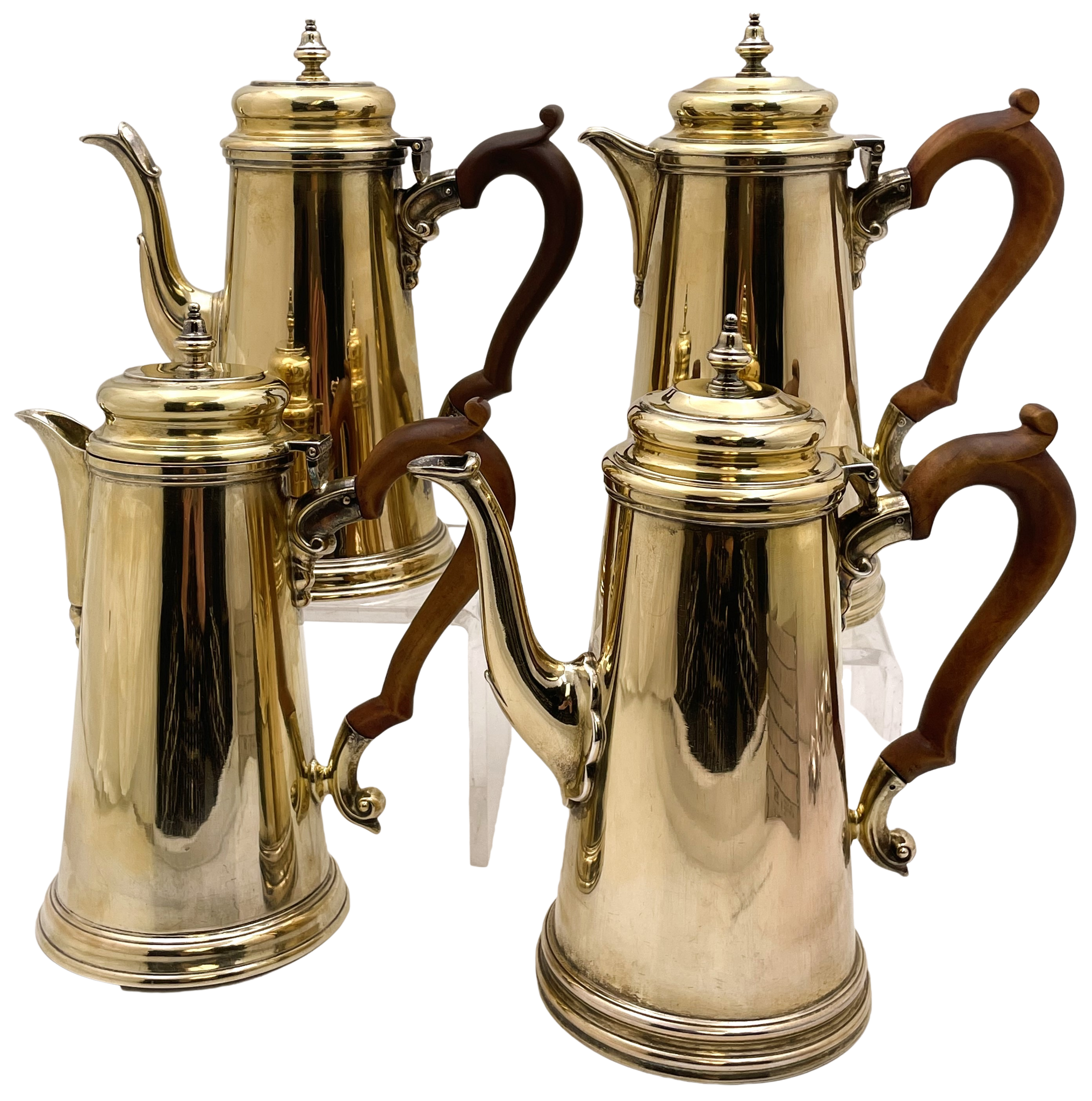 Percy Webster English Gilt Sterling Silver Set of 2 Pairs of Coffee Pots and Hot Milk Jugs from 1937