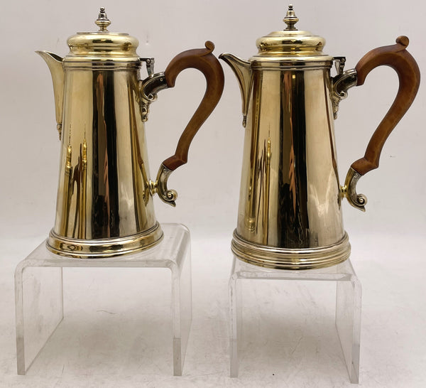 Percy Webster English Gilt Sterling Silver Set of 2 Pairs of Coffee Pots and Hot Milk Jugs from 1937