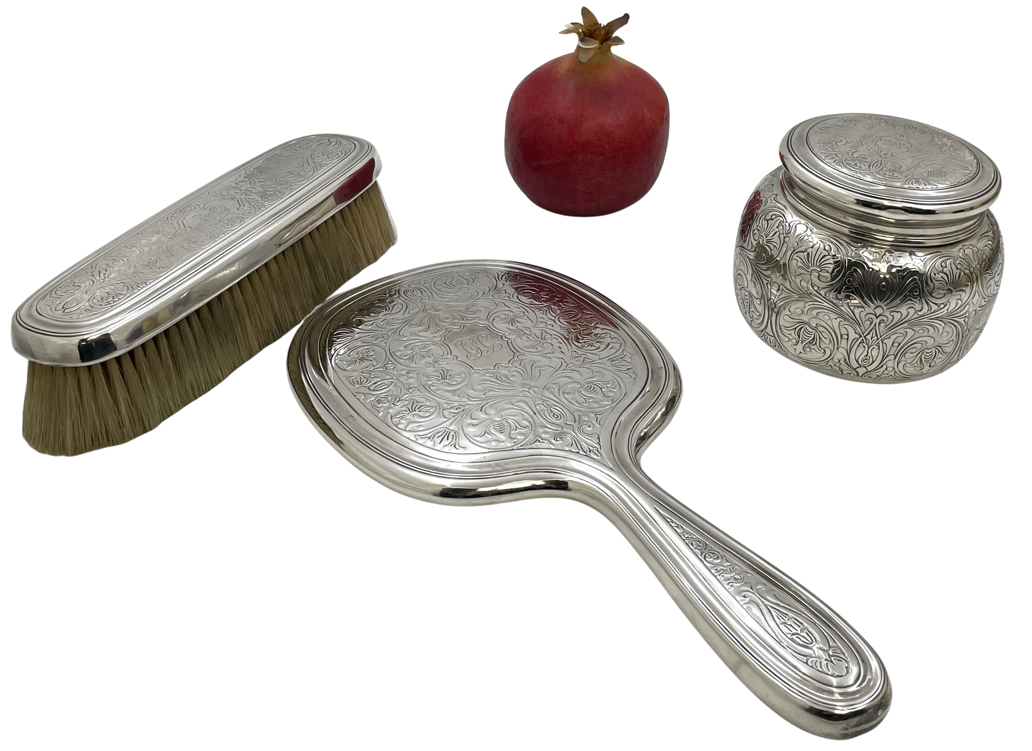 Tiffany & Co. Sterling Silver 1908 Vanity Set with Mirror, Powder Box & Brush in Art Nouveau Style