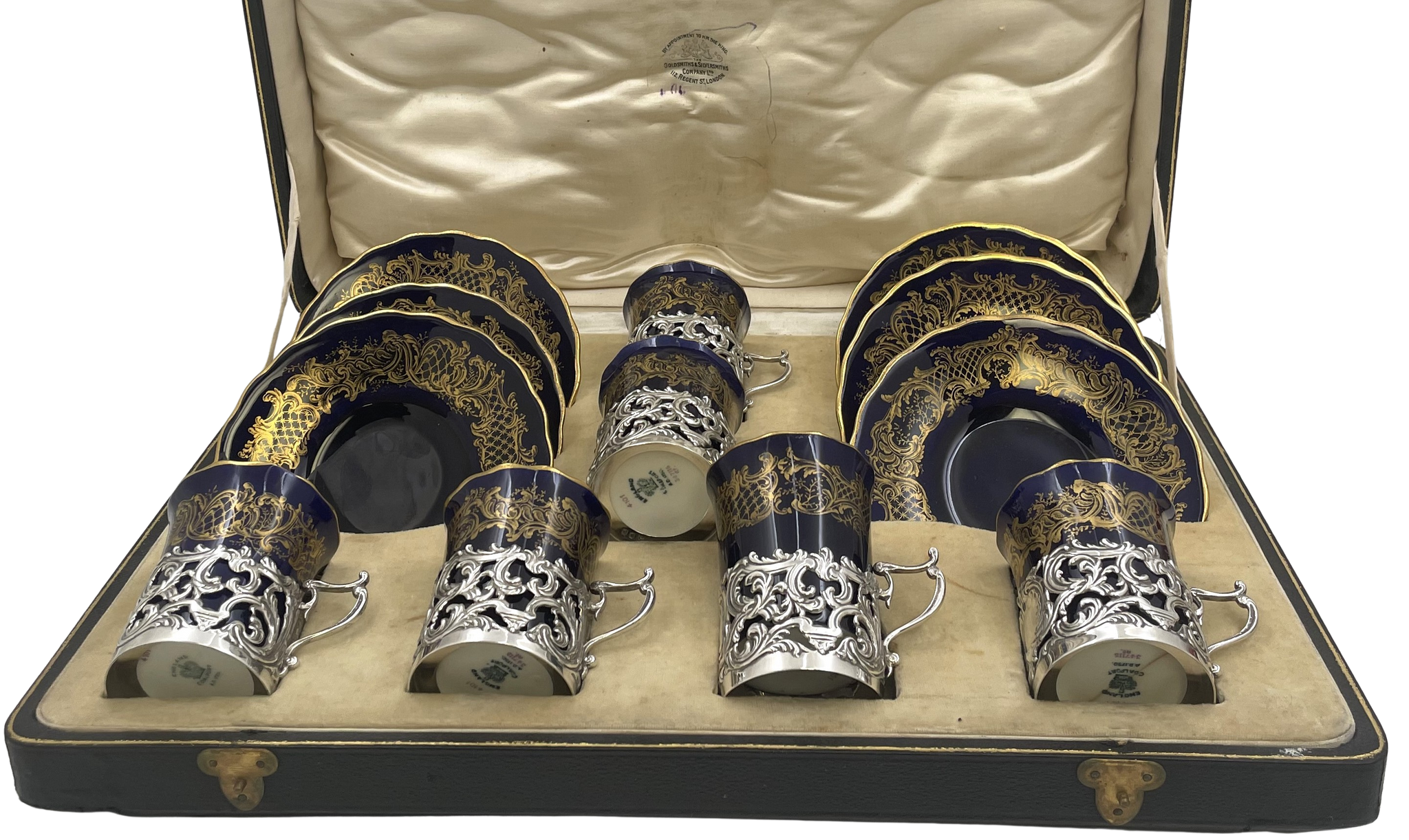 Goldsmiths & Silversmiths English Set of 6 Sterling Silver 1899 Cups and Fitted China Liners and Saucers