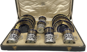 Goldsmiths & Silversmiths English Set of 6 Sterling Silver 1899 Cups and Fitted China Liners and Saucers