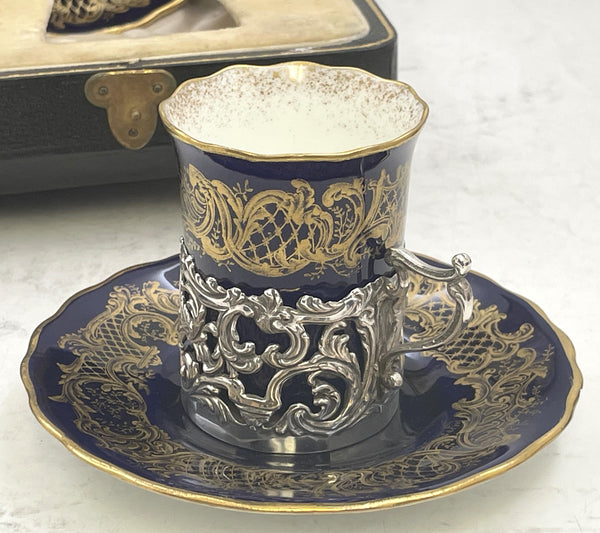 Goldsmiths & Silversmiths English Set of 6 Sterling Silver 1899 Cups and Fitted China Liners and Saucers