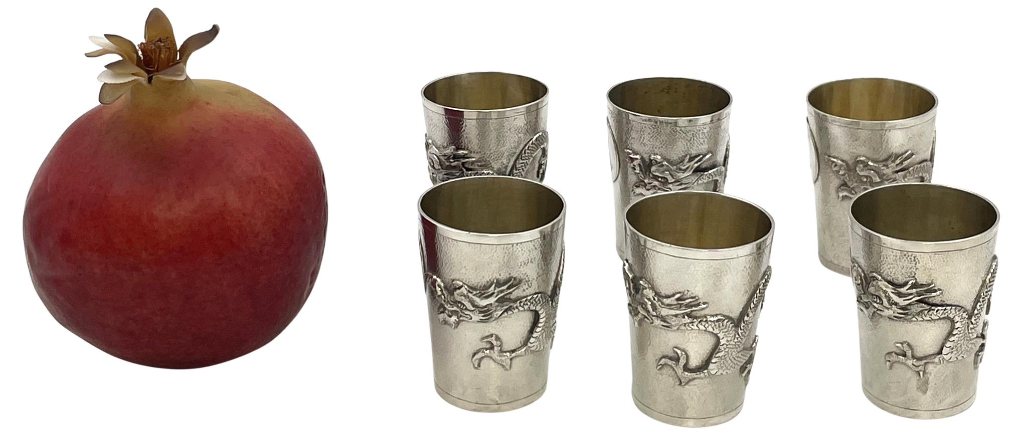 Set of 6 China Jewelry Company Sterling Silver Cups with Dragon Motifs