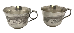 Pair of Japanese Silver Teacups with Peacock and Floral Motifs