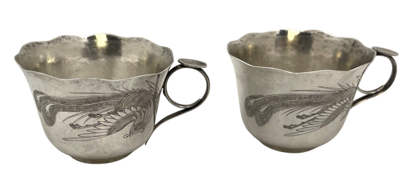 Pair of Japanese Silver Teacups with Peacock and Floral Motifs