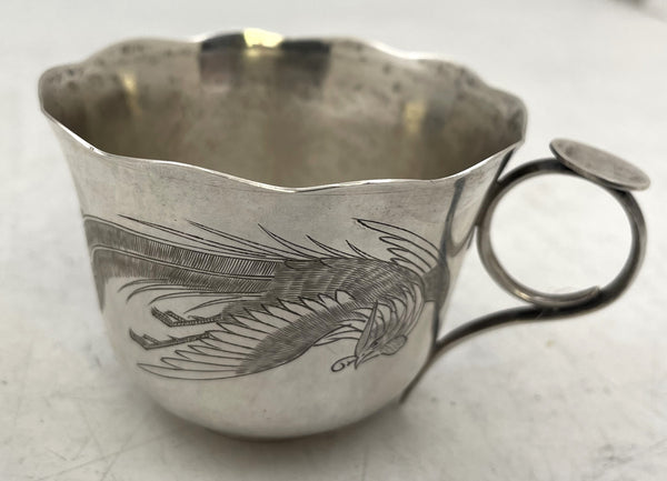 Pair of Japanese Silver Teacups with Peacock and Floral Motifs