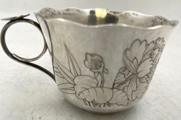 Pair of Japanese Silver Teacups with Peacock and Floral Motifs