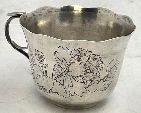 Pair of Japanese Silver Teacups with Peacock and Floral Motifs