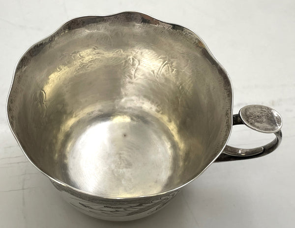 Pair of Japanese Silver Teacups with Peacock and Floral Motifs